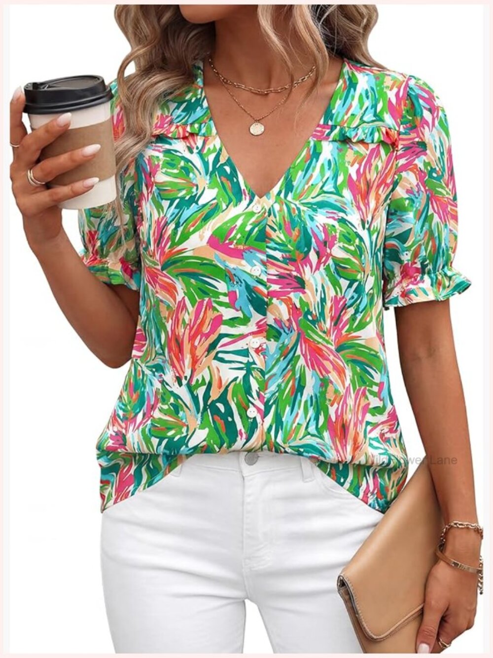 Womens Boho Top V Neck Puff Sleeve Button Down Ruffle Floral Blouse Shirt